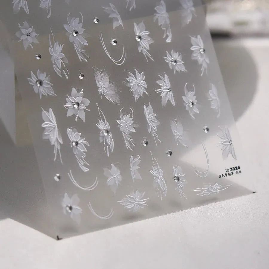 White Flower Nail Art Sticker 5D Bridal Rhinestones Nail Sticker Decals