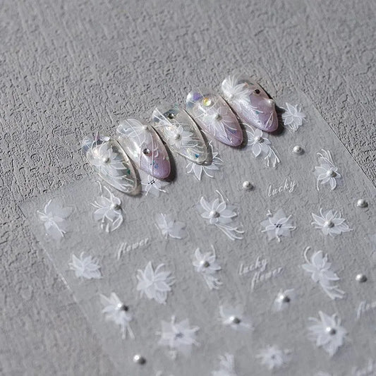 White Flower Nail Art Stickers Fantasy Floral with Beads Adhesive Sticker Decals TL102