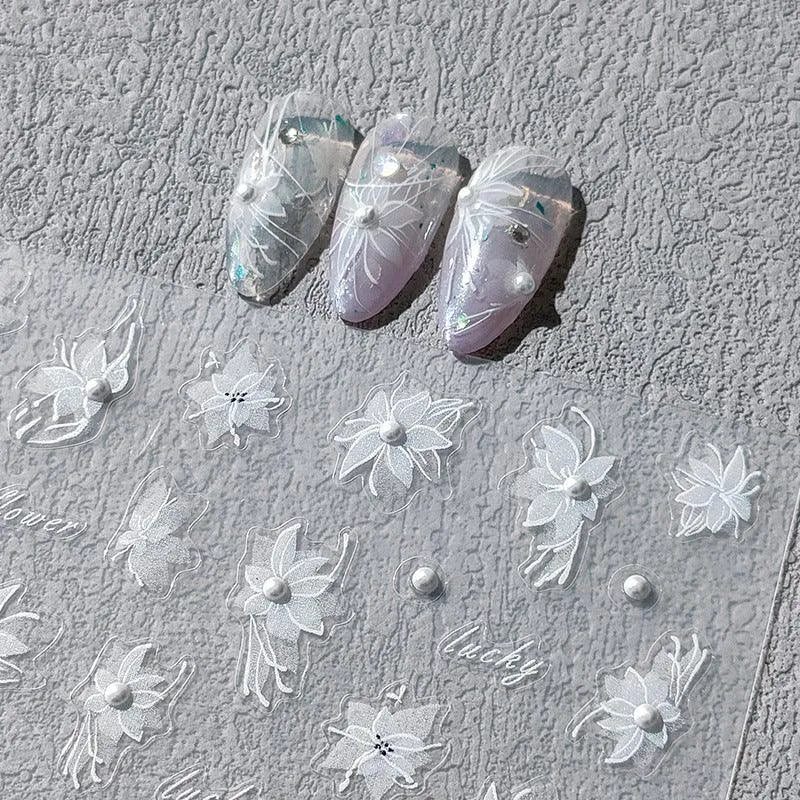 White Flower Nail Art Stickers Fantasy Floral with Beads Adhesive Sticker Decals TL102