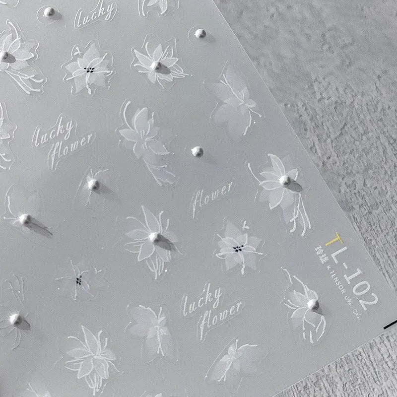 White Flower Nail Art Stickers Fantasy Floral with Beads Adhesive Sticker Decals TL102