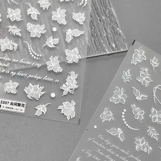 White Flowers Nail Art Stickers Blossom Floral Leaf Embossed Adhesive Sticker Decals