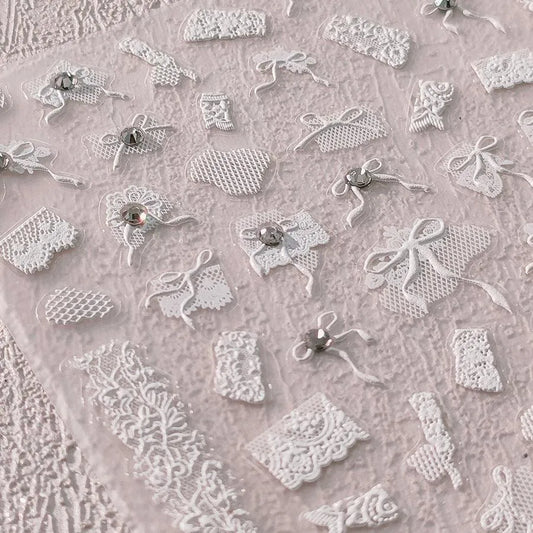 White Lace Bow Nail Art Stickers 3D Adhesive Bow Knot Mesh Sticker Decals TL118
