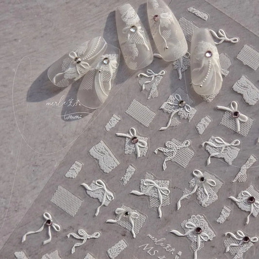 White Lace Bow Nail Art Stickers Adhesive Embossed Sticker Decals