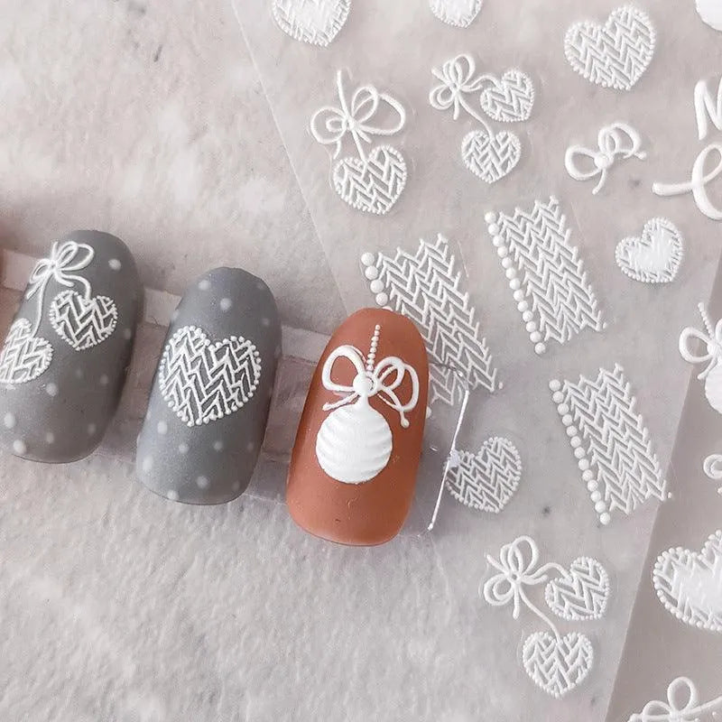 White Lace Heart Nail Art Stickers Adhesive Fantasy Lace Embossed Sticker Decals KX288