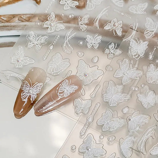 White Lace Nail Art Stickers Embossed Butterfly Nail Sticker Decals TL175