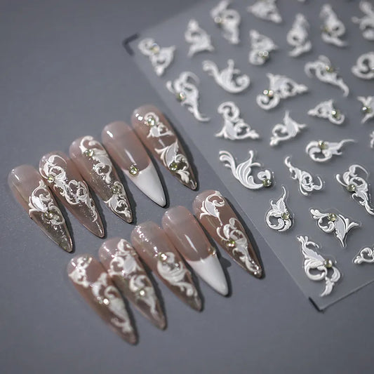 White Leaf Vines Nail Art Stickers With Pearls Vintage Floral Adhesive Sticker Decals TL015