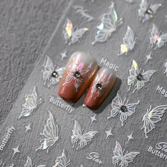 White Nail Art Stickers Shiny Butterfly With Beads Adhesive Sticker Decals TL108