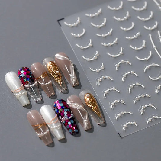 White Pearls Chain Nail Art Stickers Adhesive Embossed Pearl Line French Nail Sticker Decals TL013