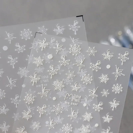 White Snowflake Nail Art Stickers Adhesive Embossed Winter Snow Sticker Decals MN348