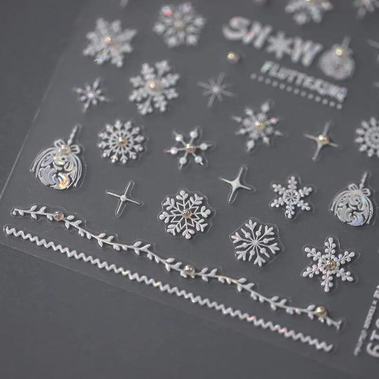 White Snowflake Nail Art Stickers with Beads Winter Snow Adhesive Sticker Decals TL019
