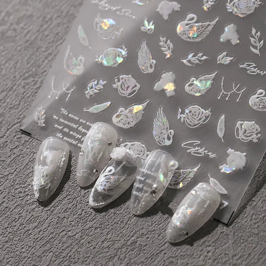 White Swan Nail Art Stickers Adhesive Slider Swan Flower Sticker Decals M327