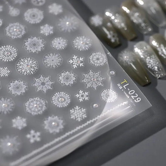 Winter Nail Art Stickers Adhesive Embossed Christmas Snowflake with Pearls Nail Decals TL029