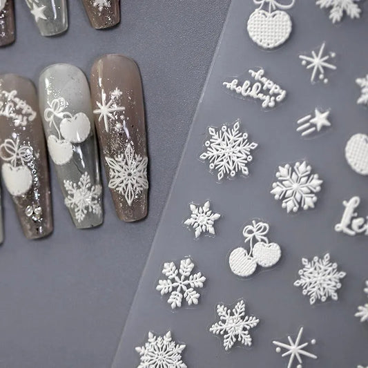 Xmas Nail Art Stickers Adhesive Sliders Winter Snowflake Embossed Sticker Decals TS3240