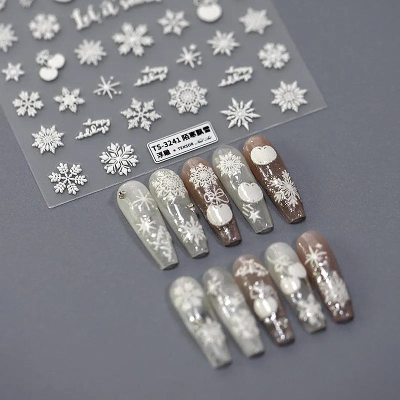 Xmas Nail Art Stickers Adhesive Sliders Winter Snowflake Embossed Sticker Decals TS3240