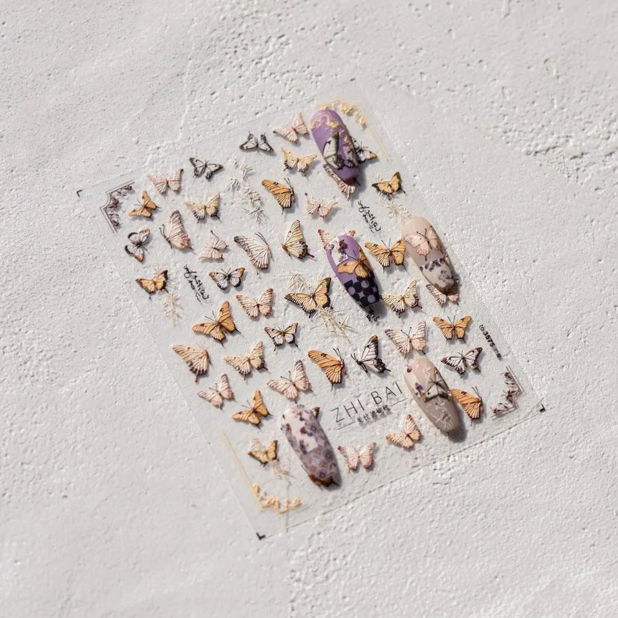 Yellow Butterfly Nail Art Stickers Adhesive Embossed Butterfly Wings Sticker Decals to3575