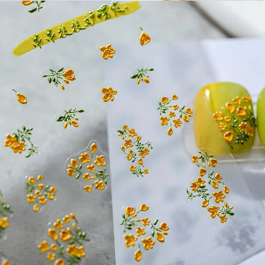 Yellow Flowers Nail Art Stickers Floral Adhesive Embossed Sticker Decals KX256