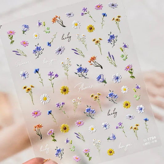 Spring Wildflower Nail Art Stickers – 5D Daisies, Lavender & Garden Floral Decals
