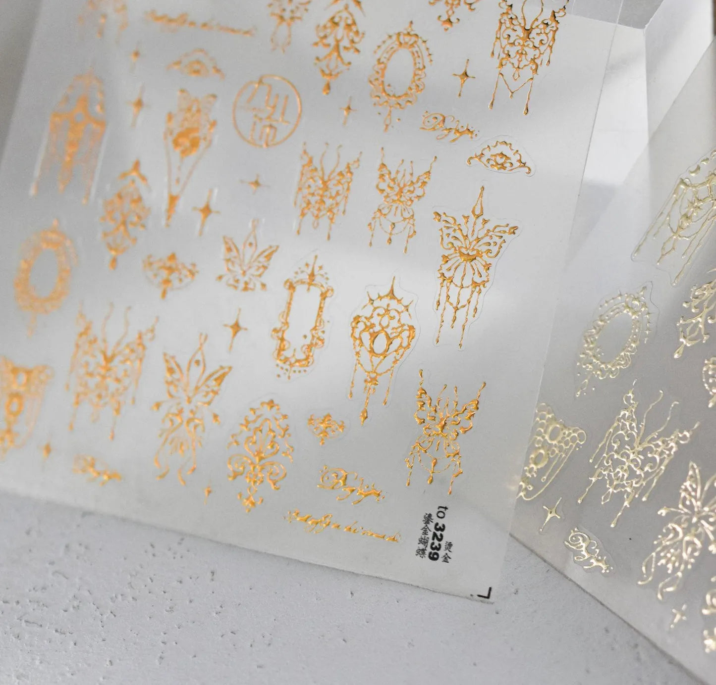 5D Magical Girl Nail Stickers | White Lace Butterfly & Fantasy Filigree Nail Art Decals to3239 Deep Gold