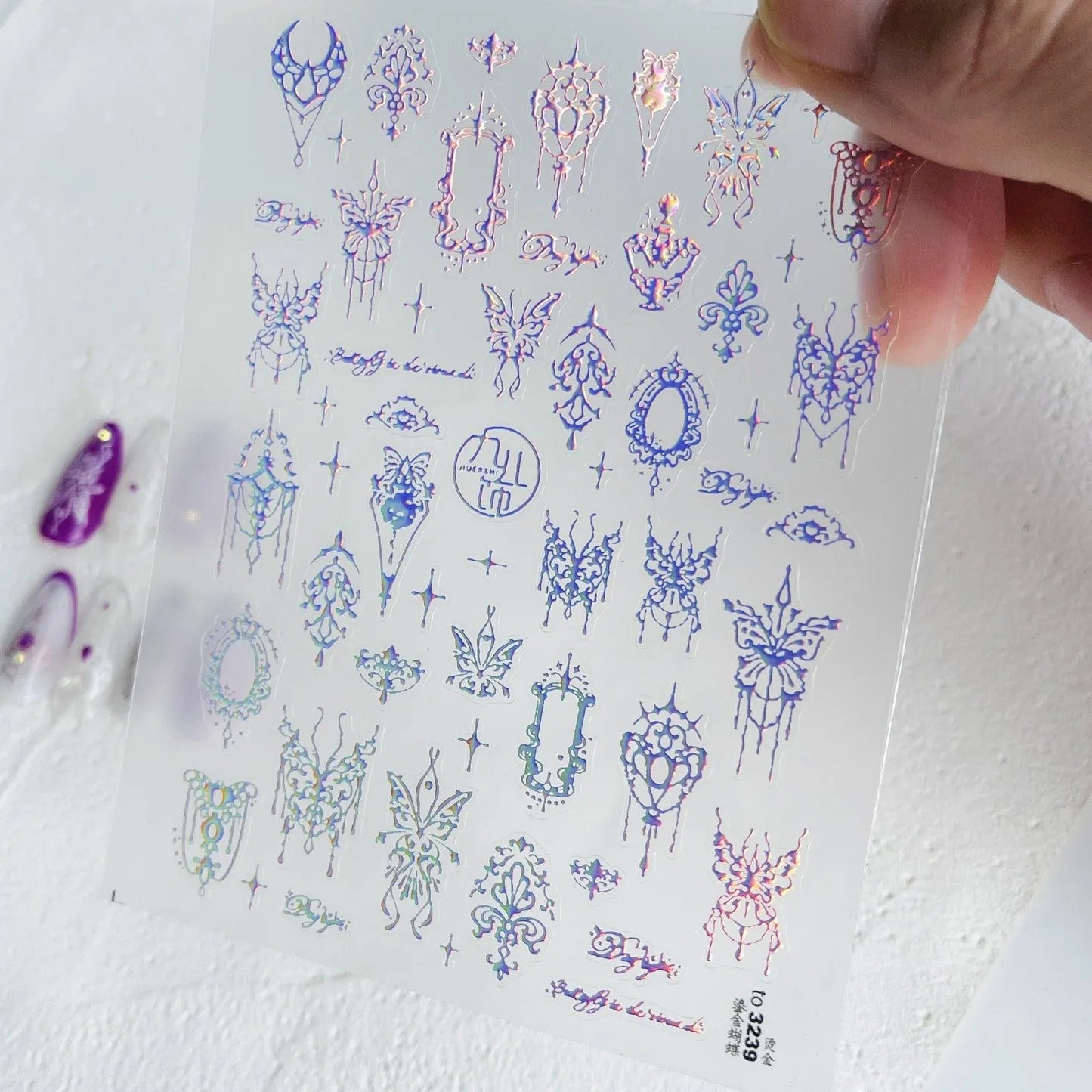 5D Magical Girl Nail Stickers | White Lace Butterfly & Fantasy Filigree Nail Art Decals to3239 Laser Pink