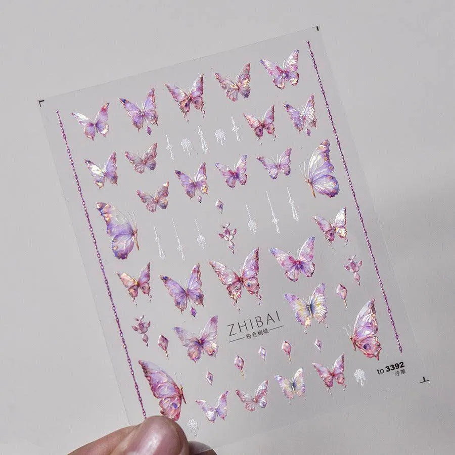 Aurora Shell Pink Butterfly Nail Stickers 5D Embossed Butterfly Nail Decals Manicure Accessories to3392