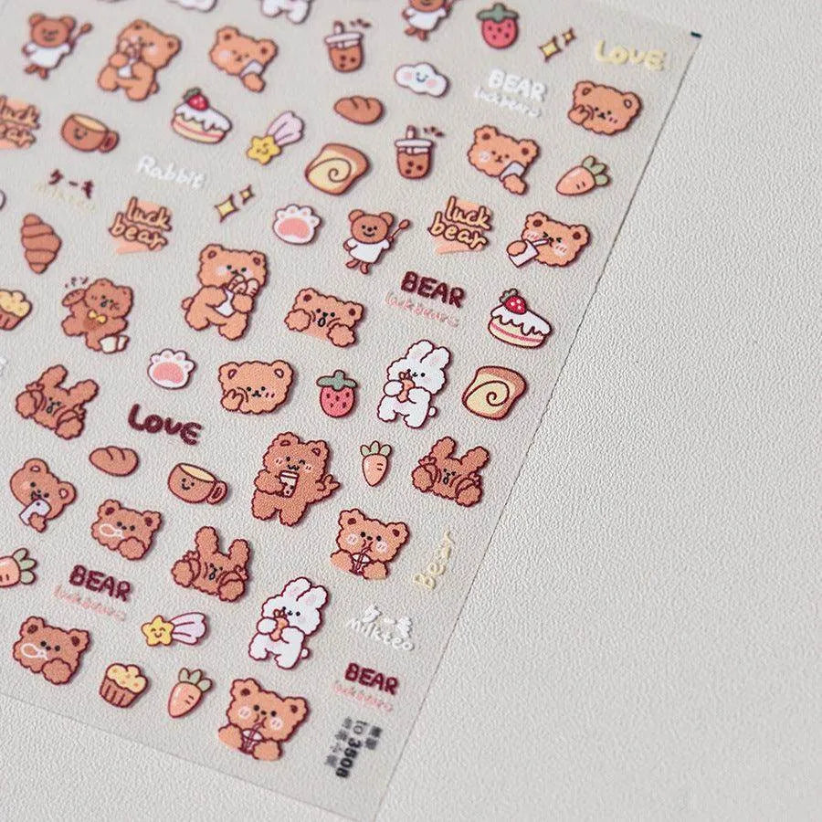 Cartoon Bear Nail Art Stickers Adhesive Embossed Lucky Bear with Rabbit Sticker Decals to3508