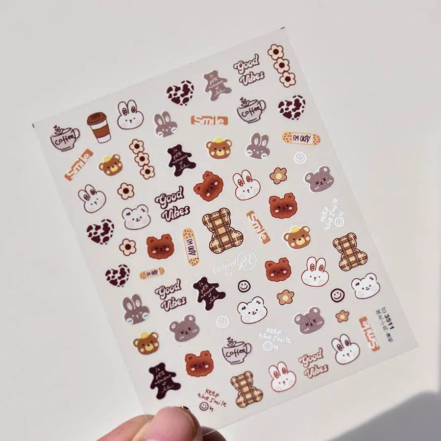 Cartoon Bear Nail Art Stickers Adhesive Embossed Lucky Bear with Rabbit Sticker Decals to3511