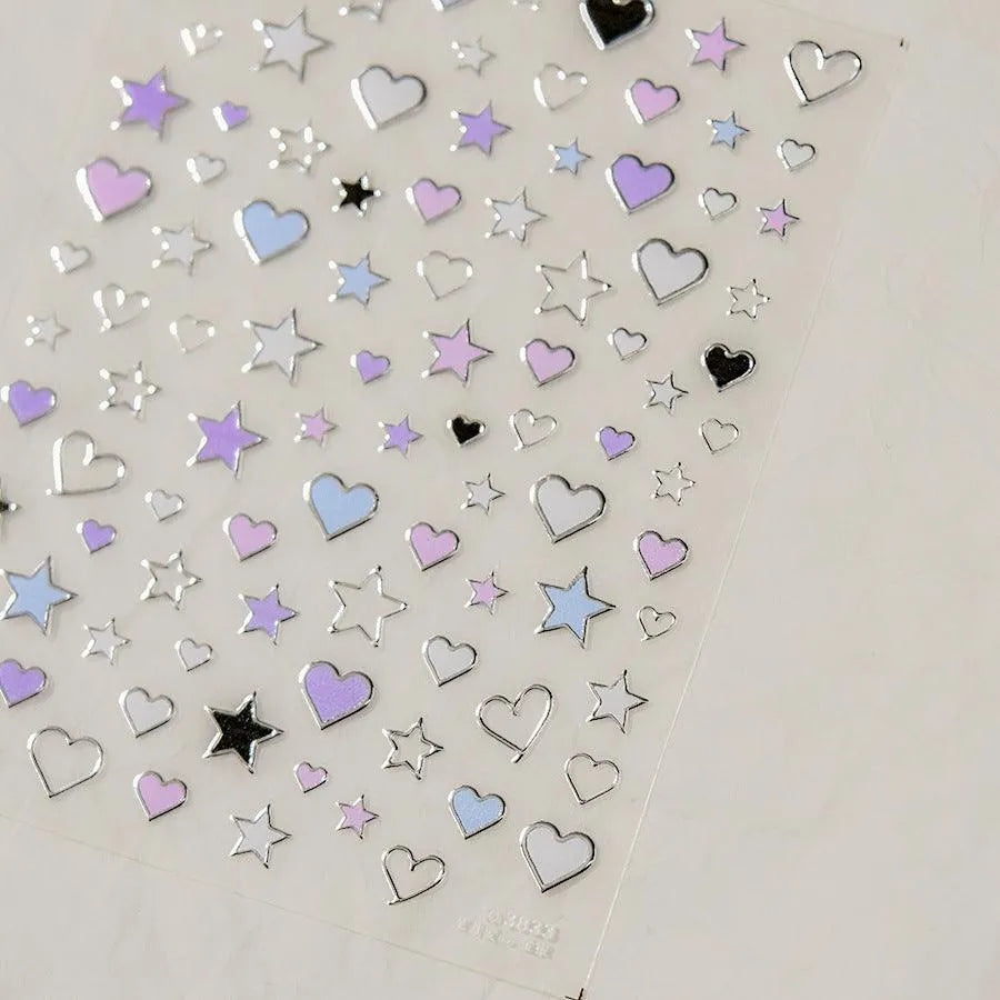 Stars Love Heart Nail Art Stickers Metal Colors Effect Adhesive Embossed Sticker Decals to3833 silver