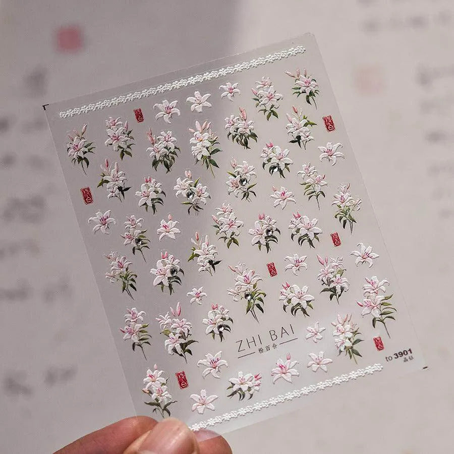 Peony Flower Nail Stickers 5D Embossed Aurora Shell Light Floral Nail Decals Manicure Accessories to3901
