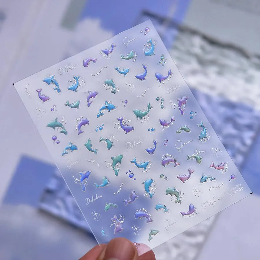 Shiny Jelly Dolphin Nail Art Stickers Adhesive Embossed Sticker Decals to4108