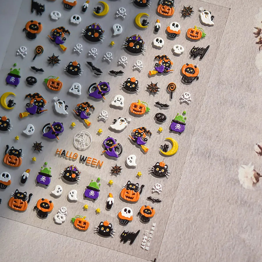 Spooky Cute Halloween Black Cat Nail Art Stickers | Witch & Ghost Nail Decals