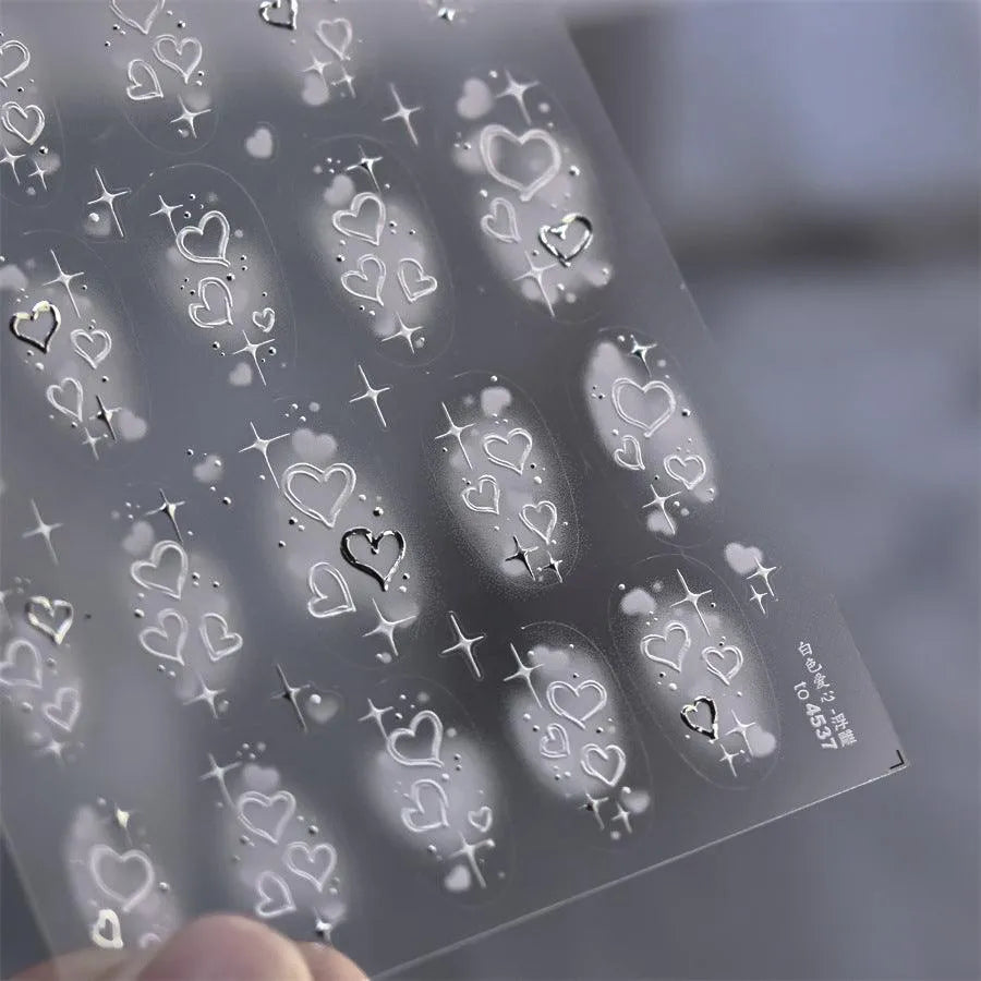 Pink Heart Shape Nail Art Stickers Love Heart Valentines Adhesive Embossed Sticker Decals to4537 silver