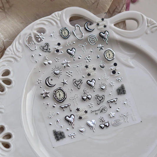 5D Chrome Gothic Heart Nail Stickers | Y2K Cyber Star & Bow Metal Nail Art Decals