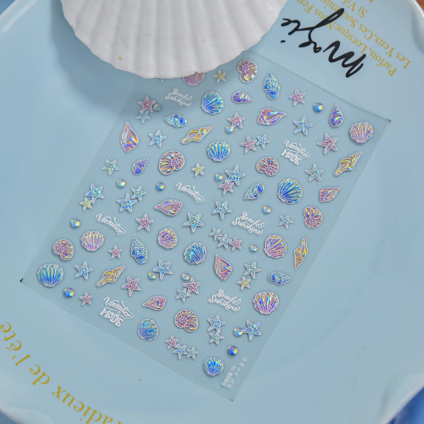 Holographic 5D Beach Nail Stickers – Embossed Seashell & Starfish Nail Art Decals to5080