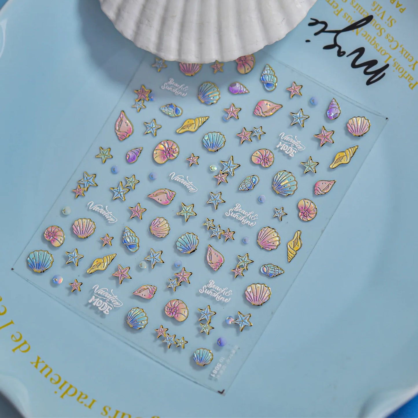 Holographic 5D Beach Nail Stickers – Embossed Seashell & Starfish Nail Art Decals