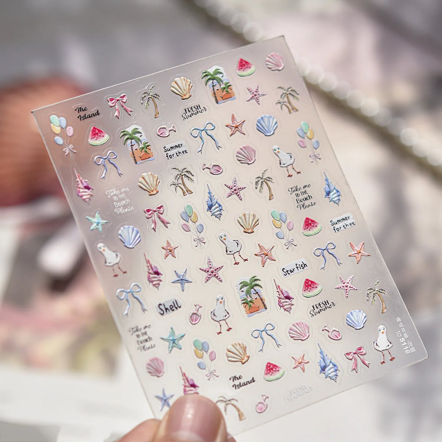 5D Summer Beach Nail Stickers – Cute Seashell, Palm Tree & Seagull Nail Art Decals