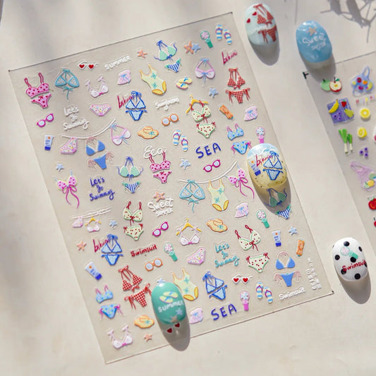 3D Ultra-Thin Beach Nail Stickers – Bikini, Sunglasses & Summer Nail Art Designs