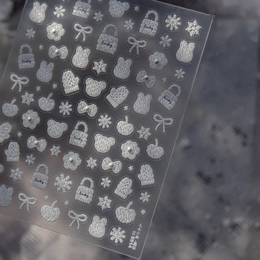 5D Knit Sweater Nail Stickers - Embossed Bear & Snowflakes Decals