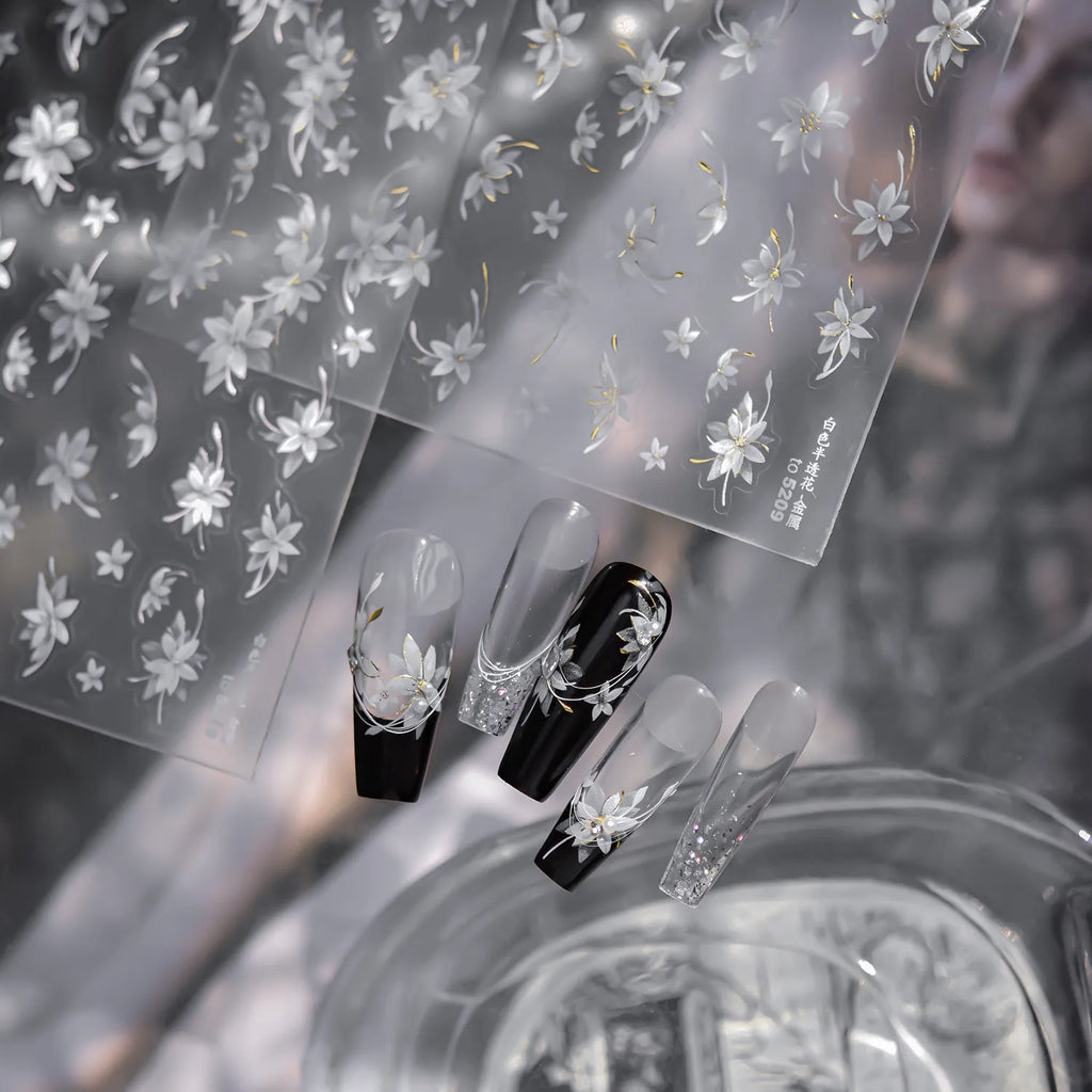 Elegant Sheer Floral Nail Stickers with Metallic Accents 5209