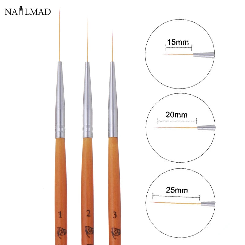 15/20/25mm 3pcs Nail Art Liner Brush Ultra Fine Brush Painting Drawing Pen Manicure Tool