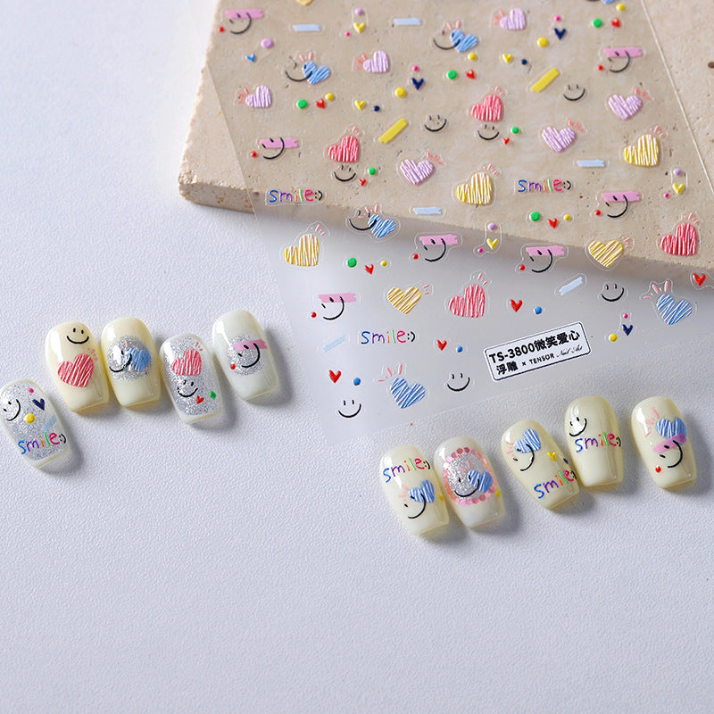 Cute Smile Face & Scribble Heart Nail Stickers Decals 3800