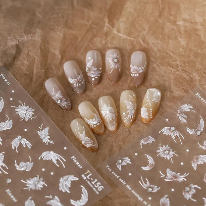 White Lily Nail Art Stickers Adhesive Embossed Lily Flower with Beads Sticker Decals TL154