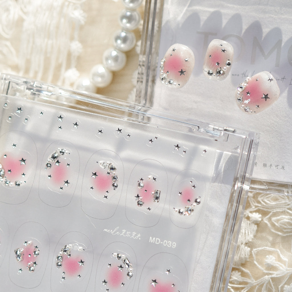 Pink Blush & Star Rhinestone Nail Stickers – Pre-Arranged Self-Adhesive Nail Gems MD039