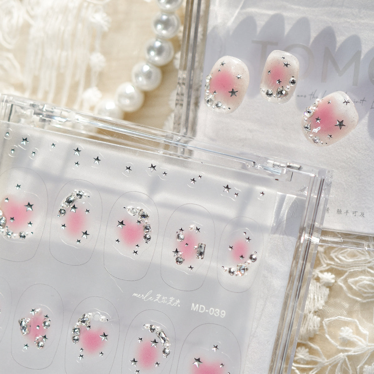 Pink Blush & Star Rhinestone Nail Stickers – Pre-Arranged Self-Adhesive Nail Gems MD039