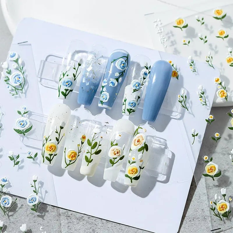 Floral Nail Art Stickers Adhesive Embossed Rose Flowers Sticker Decals KX230