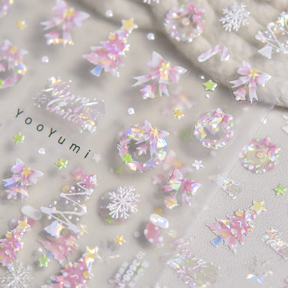 Holographic Christmas Nail Art Stickers - Pink & White Bow Bell Festive Decals to3606