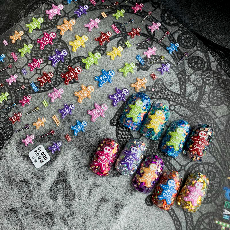 5D Spooky Skeleton Gingerbread Nail Stickers | Cute Goth Halloween Decals