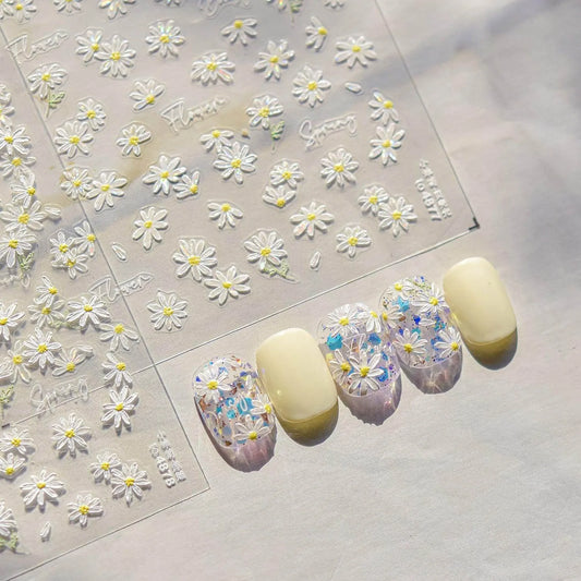 Daisy Flower Nail Art Stickers Adhesive Embossed Floral White Sticker Decals to4877