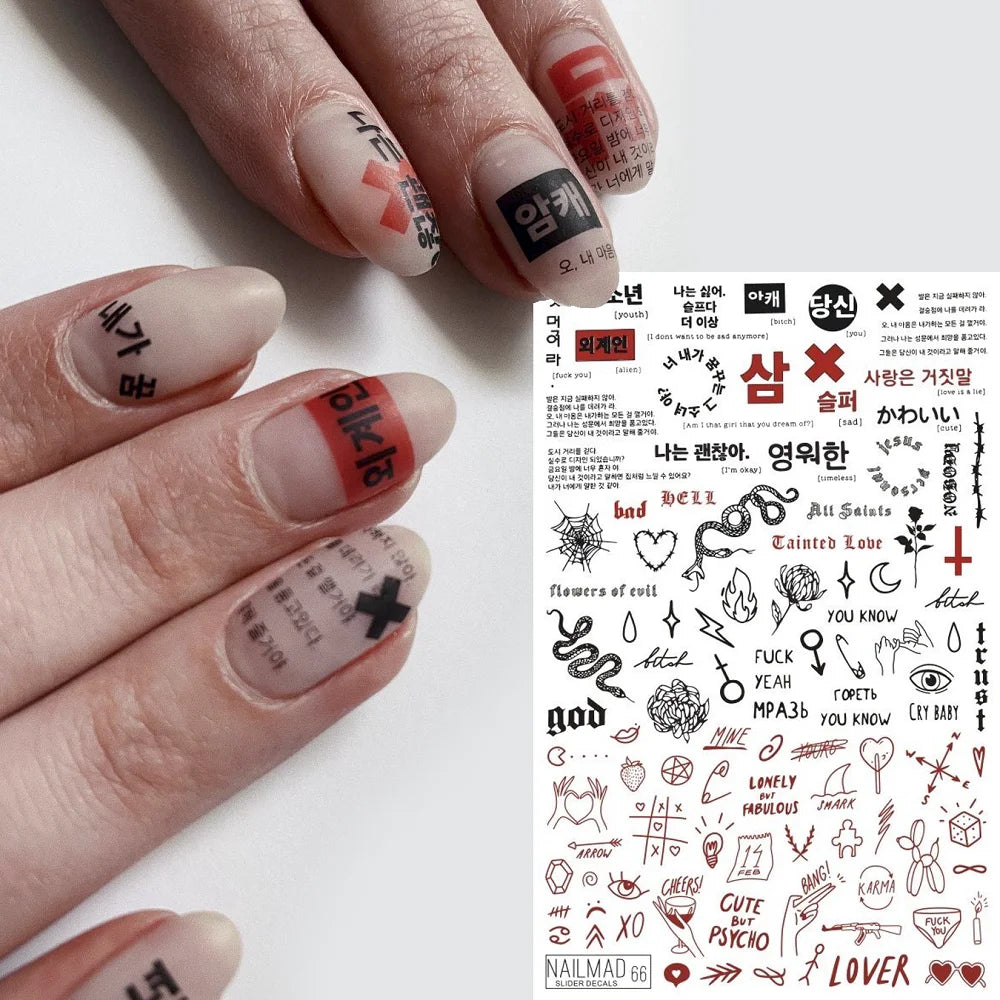 NailMAD Korean Style Nail Slider Decals Gothic Letter Transfer Water Decals Snake Inscriptions Water Decal Nail Art Tattoos
