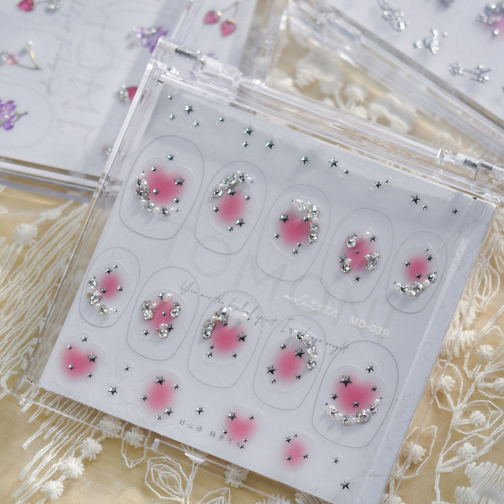 Pink Blush & Star Rhinestone Nail Stickers – Pre-Arranged Self-Adhesive Nail Gems MD039
