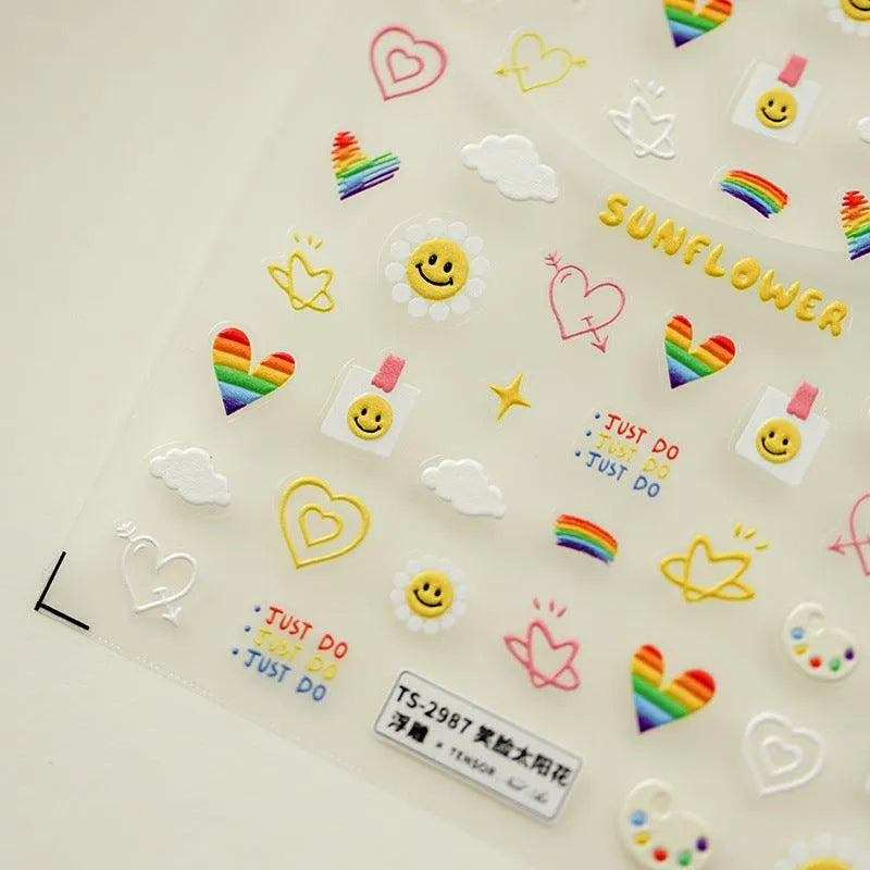 Nail Art Stickers Adhesive Sliders Smile Sunflower Embossed Sticker Decals TS2987
